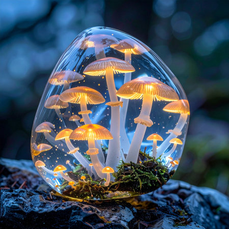 Deep within an ancient, twilight forest, a mysterious crystal egg rests on a mossy log.の素材