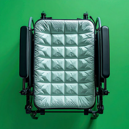 A modern wheelchair is presented in a striking top-down, flat-lay composition against a vibrant green background.の素材
