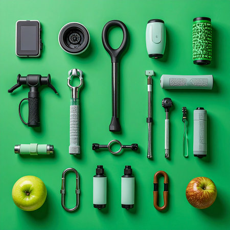 A meticulously arranged collection of modern tools, gadgets, and everyday essentials laid out in a perfect grid.の素材