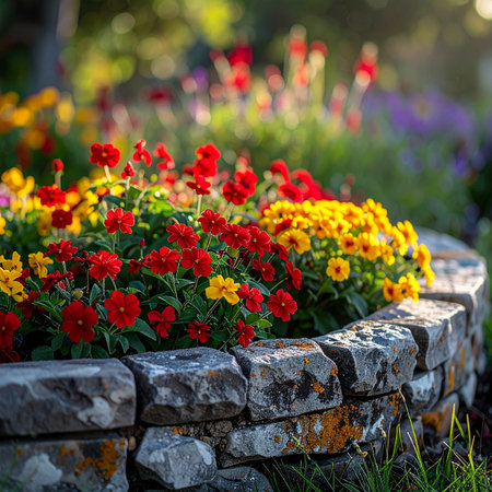 A beautifully crafted rustic stone retaining wall overflows with a vibrant mix of red and yellow summer blooms.の素材