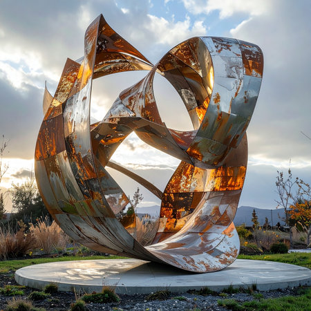 As the sun sets, its golden light catches the complex curves of a monumental abstract sculpture.の素材