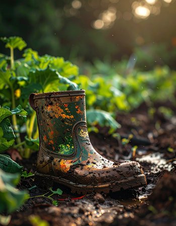 A single, mud-splattered child's boot rests in a vegetable patch, bathed in the warm glow of the setting sun.の素材