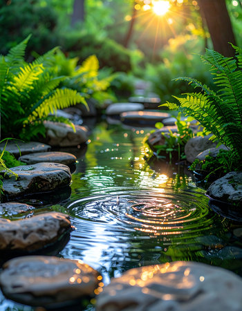 A gentle ripple expands across the surface of a clear, shallow creek, catching the last golden rays of a setting sun.の素材