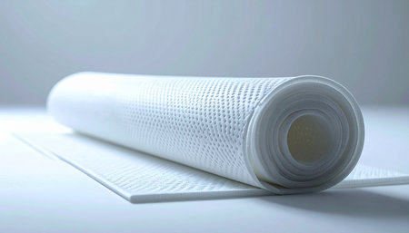 A clean, white roll of textured, non-slip matting lies ready for a home improvement project.の素材