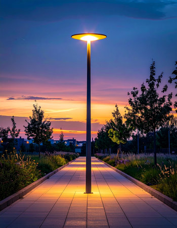 As twilight paints the sky in vibrant hues of purple and orange, a modern lamppost casts a warm, golden glow, illuminating a tranquil park pathway.の素材