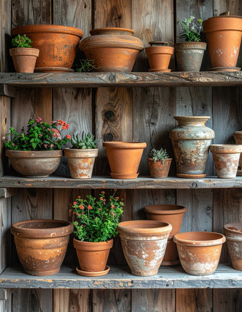 A collection of weathered terracotta pots, each with its own story, sits neatly arranged on rustic wooden shelves.の素材