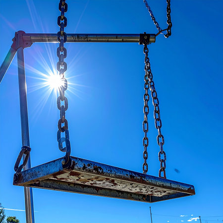 An old, empty playground swing hangs silently against a brilliant blue sky, bathed in the warm glow of a summer sun.の素材