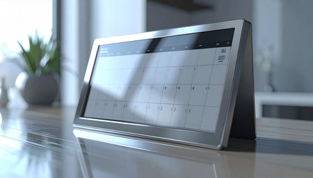 A sleek, modern smart calendar sits on a clean office desk, its screen displaying the month ahead.の素材