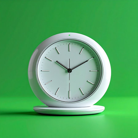 A clean, modern white clock stands against a vibrant green background, symbolizing the importance of time in a contemporary world.の素材