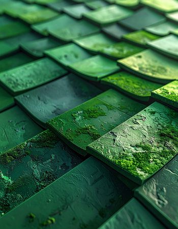 A close-up view reveals the rich texture of weathered green roof tiles, where time and nature have collaborated to create a living mosaic.の素材