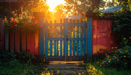 A rustic blue wooden gate stands as an entrance to a secret garden, bathed in the magical, warm glow of a golden sunset.の素材