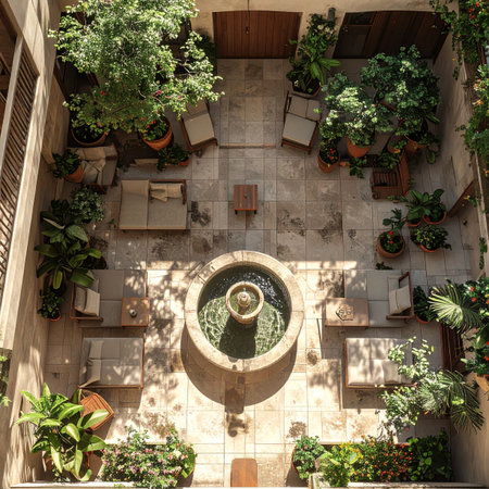 Seen from a high angle, a hidden courtyard offers a peaceful escape. Sunlight filters through lush potted plants, casting dappled shadows on the stone tiles.の素材