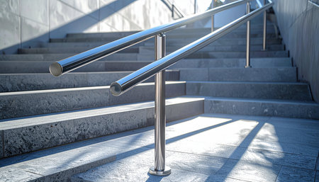 Bright morning sunlight casts long, dramatic shadows across a modern concrete staircase.の素材