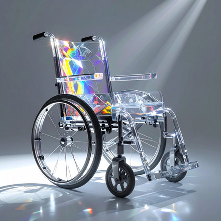 In a beam of light, a futuristic wheelchair made of transparent material with rainbow accents stands as a symbol of progress and hope.の素材
