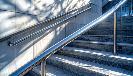 Sunlight casts dappled shadows across a modern concrete staircase, highlighting the clean, reflective lines of the steel handrail.の素材