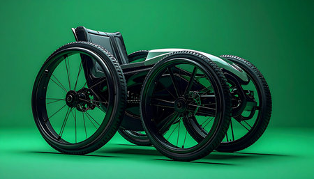 A marvel of modern engineering, this aerodynamic racing wheelchair sits poised against a vibrant green background.の素材
