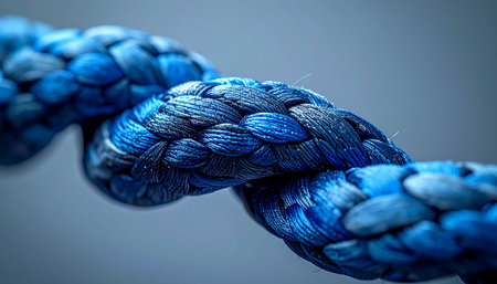 A macro photograph captures the intricate details and texture of a thick, blue braided rope.の素材