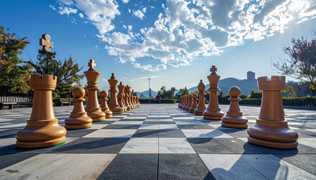 The stage is set for a monumental battle of wits on a giant outdoor chessboard. Under a vast, cloud-filled sky, the pieces stand ready, casting long shadows in the afternoon sun.の素材
