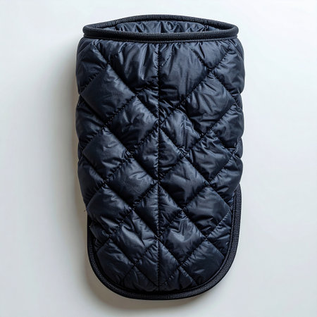 Ready for a chilly adventure, this stylish black quilted puffer vest awaits its canine companion.の素材