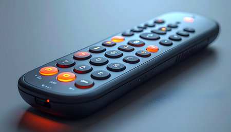 In a dimly lit room, a modern remote control comes to life with glowing orange and yellow backlit buttons.の素材