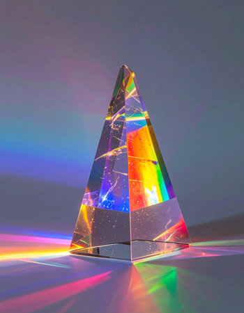 A crystal pyramid prism sits on a reflective surface, capturing a single beam of light and transforming it into a brilliant display of color.の素材