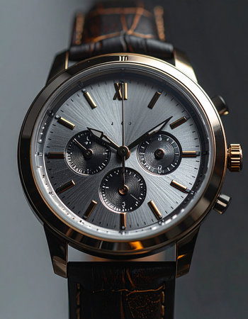A detailed macro shot of a sophisticated men's chronograph watch, showcasing its intricate dials and elegant design.の素材