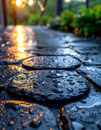 After a gentle evening rain, a stone garden path glistens under the warm glow of the setting sun.の素材