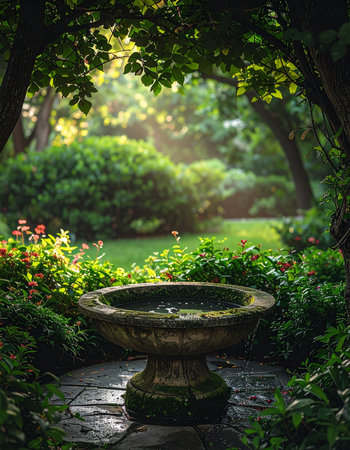 Morning light filters through a natural archway of leaves, illuminating a hidden corner of a timeless garden.の素材