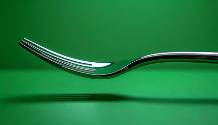 A close-up, minimalist view of a single silver fork, its elegant curve and polished surface highlighted against a vibrant, solid green background.の素材