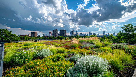 A vibrant green roof provides a natural oasis high above the bustling city.の素材