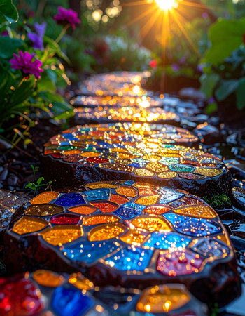 Follow a whimsical path of colorful mosaic stepping stones as it winds through a vibrant garden.の素材