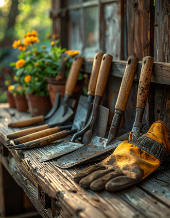 A collection of well-loved, vintage gardening tools and worn gloves rest on a rustic wooden bench in a sunlit potting shed.の素材