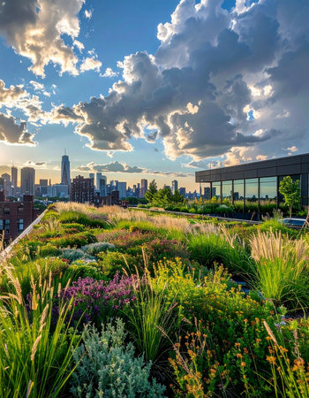 A vibrant green rooftop garden provides a tranquil escape from the bustling city below.の素材