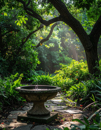 Sunbeams filter through a dense canopy of trees, illuminating a classic stone fountain in a secluded garden.の素材
