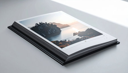 A beautifully crafted photo album lies open on a clean white surface, showcasing a stunning coastal landscape from a past adventure.の素材