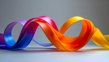 A single, satin ribbon twists and flows in an elegant wave, displaying a vibrant spectrum of rainbow colors.の素材