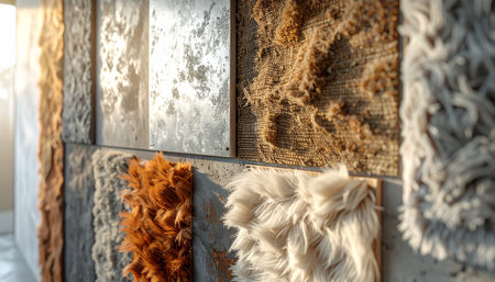 A curated selection of tactile, natural fiber samples displayed on a wall, bathed in soft morning light.の素材