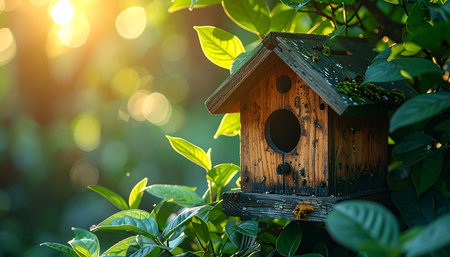 A charming wooden birdhouse sits peacefully among lush green leaves, bathed in the warm, golden glow of the morning sun.の素材