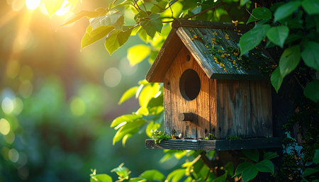 A charming wooden birdhouse awaits its new residents, bathed in the warm, golden light of a peaceful morning.の素材