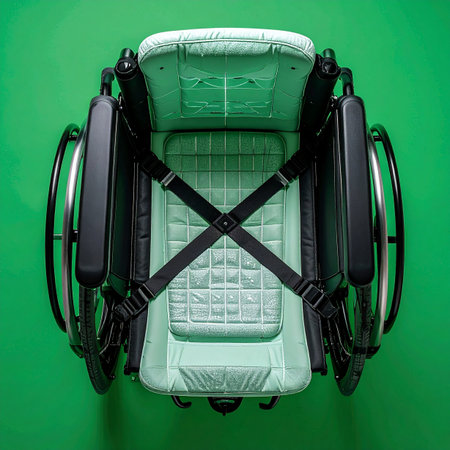 A modern wheelchair viewed from directly above, isolated on a vibrant green background.の素材