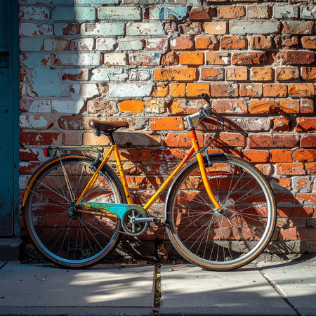A classic yellow bicycle rests against a weathered brick wall, basking in the warm afternoon sun.の素材