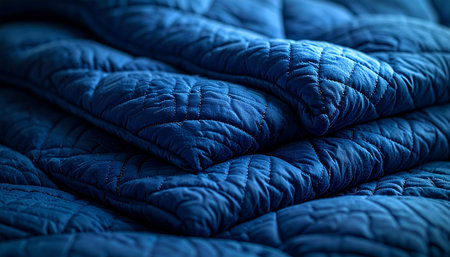 Folds of a deep blue quilted comforter create a landscape of comfort and warmth.の素材