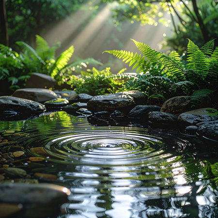 A single drop disturbs the perfect stillness of a hidden forest pond, sending concentric ripples across its surface.の素材
