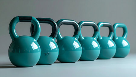 A perfectly aligned row of teal kettlebells sits ready for an intense strength training session.の素材
