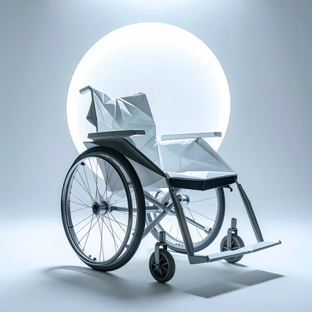 An empty wheelchair sits in a stark, minimalist space, illuminated by a hopeful circle of light.の素材