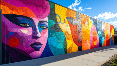 A stunning, large-scale mural brings a city wall to life with a vibrant explosion of color.の素材
