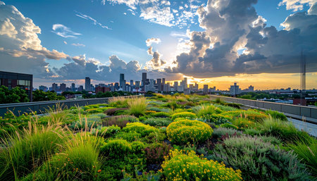 A vibrant green roof garden thrives high above the bustling city, offering a peaceful oasis against the backdrop of a dramatic sunset skyline.の素材
