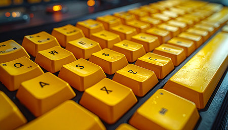 A close-up perspective on a custom mechanical keyboard with vibrant yellow keycaps.の素材