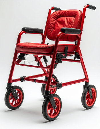 A modern, lightweight red wheelchair stands ready, offering independence and freedom of movement.の素材