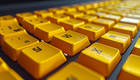 A close-up perspective on a vibrant yellow mechanical keyboard, with keys glowing under focused light.の素材